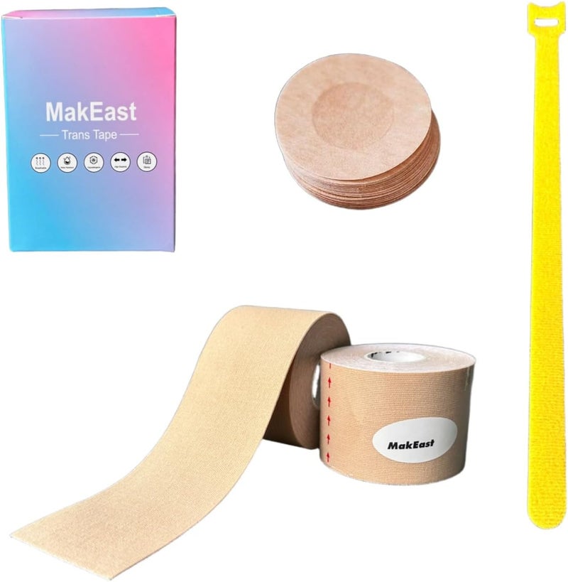 MakEast 2 Rolls Trans Tape for Transitioning Chest Binding Tape Latex Free FTM Chest Binder with Nipple Covers 2 in X 16.5 ft - Image 1